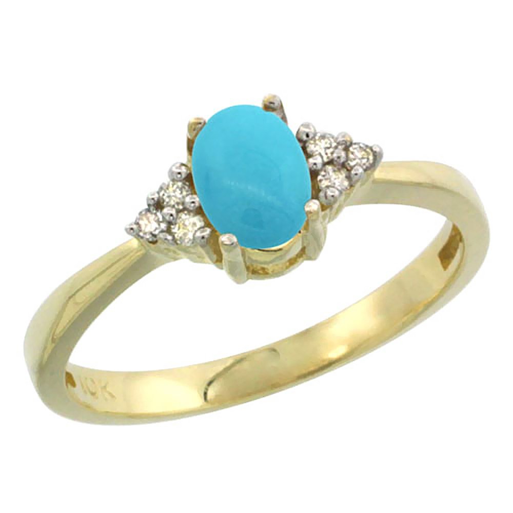 10K Yellow Gold Natural Turquoise Ring Oval 6x4mm Diamond Accent, size 10