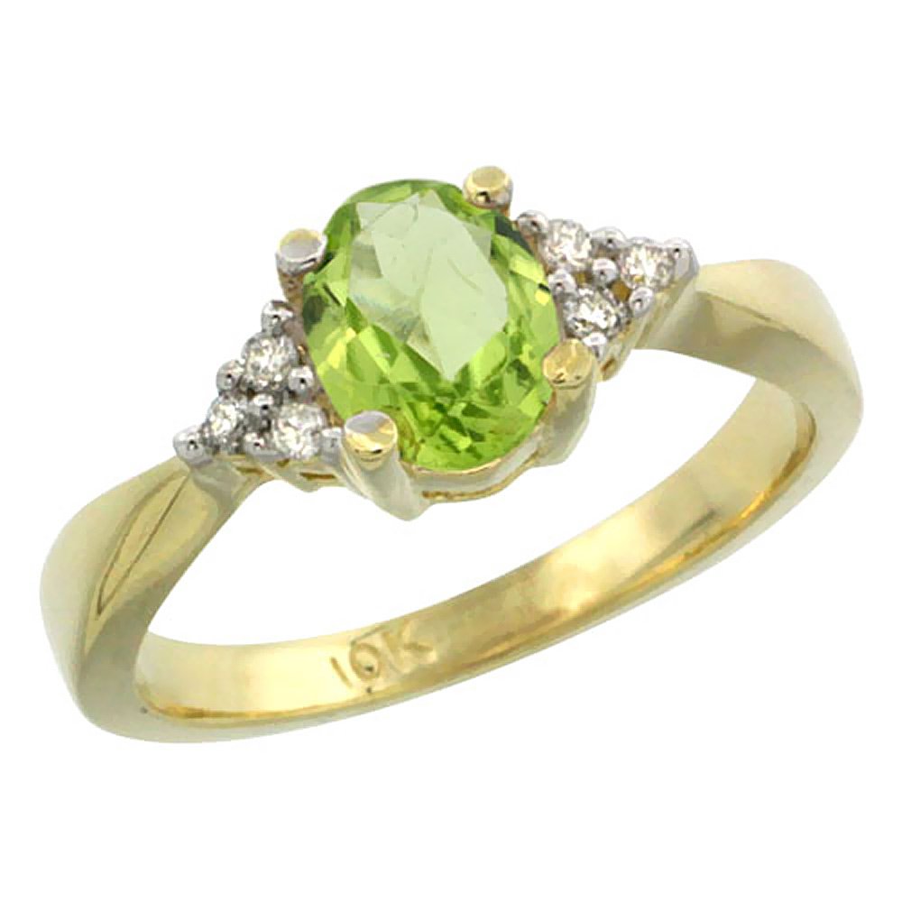 10K Yellow Gold Natural Peridot Ring Oval 7x5mm Diamond Accent, size 10