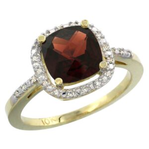 10K Yellow Gold Natural Garnet Ring Cushion-cut 8x8mm Diamond Accent, size 10