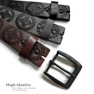 BS70-JT5803 Cowgirl Cowboy Vintage Western Full Grain Leather Casual Jean Belt 1-1/2"(38mm) Wide (Gray, 32)