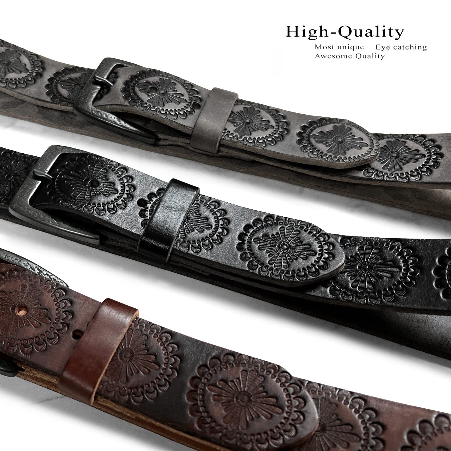 BS70-JT5803 Cowgirl Cowboy Vintage Western Full Grain Leather Casual Jean Belt 1-1/2"(38mm) Wide (Gray, 32)