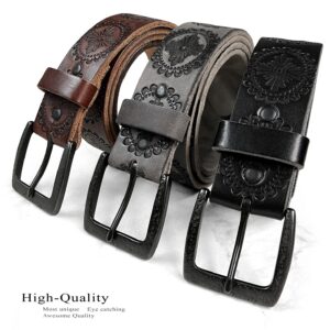 BS70-JT5803 Cowgirl Cowboy Vintage Western Full Grain Leather Casual Jean Belt 1-1/2"(38mm) Wide (Gray, 32)