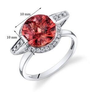 PEORA 14K White Gold 4.70 Carat Created Padparadscha Sapphire Ring with Genuine Diamond, AAA Grade Round Shape 10mm