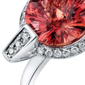 PEORA 14K White Gold 4.70 Carat Created Padparadscha Sapphire Ring with Genuine Diamond, AAA Grade Round Shape 10mm