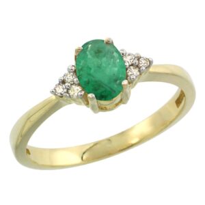 14K Yellow Gold Natural Emerald Ring Oval 6x4mm Diamond Accent, size 6