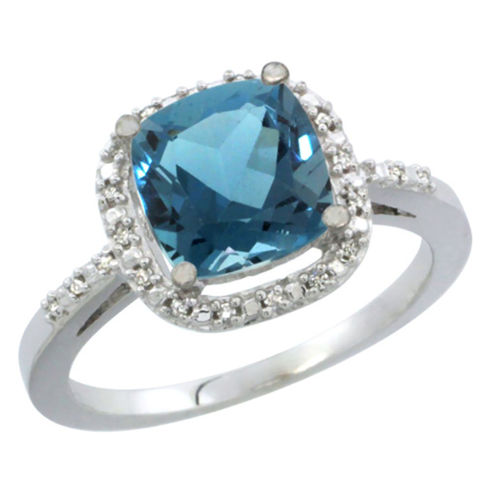 10K White Gold Natural London Blue Topaz Ring Cushion-cut 8x8mm Diamond Accent, size 10