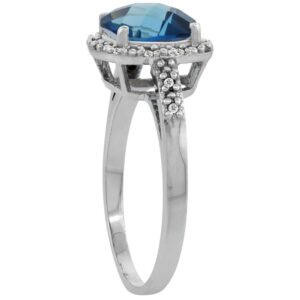 10K White Gold Natural London Blue Topaz Ring Cushion-cut 8x8mm Diamond Accent, size 10