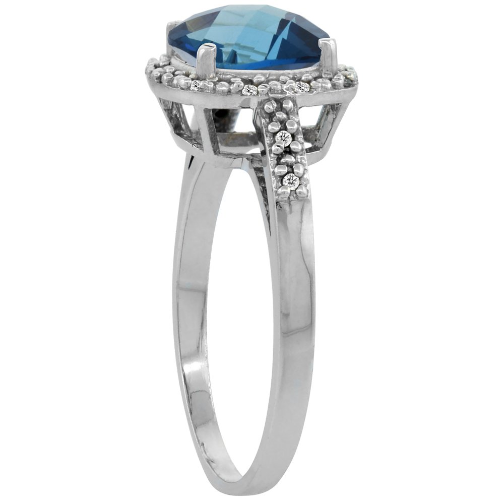 10K White Gold Natural London Blue Topaz Ring Cushion-cut 8x8mm Diamond Accent, size 10