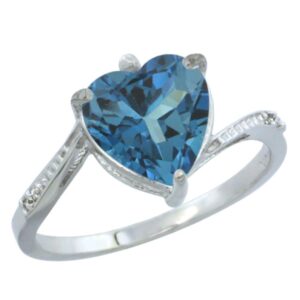 10k white gold natural london blue topaz ring heart 9x9mm diamond accent, size 9