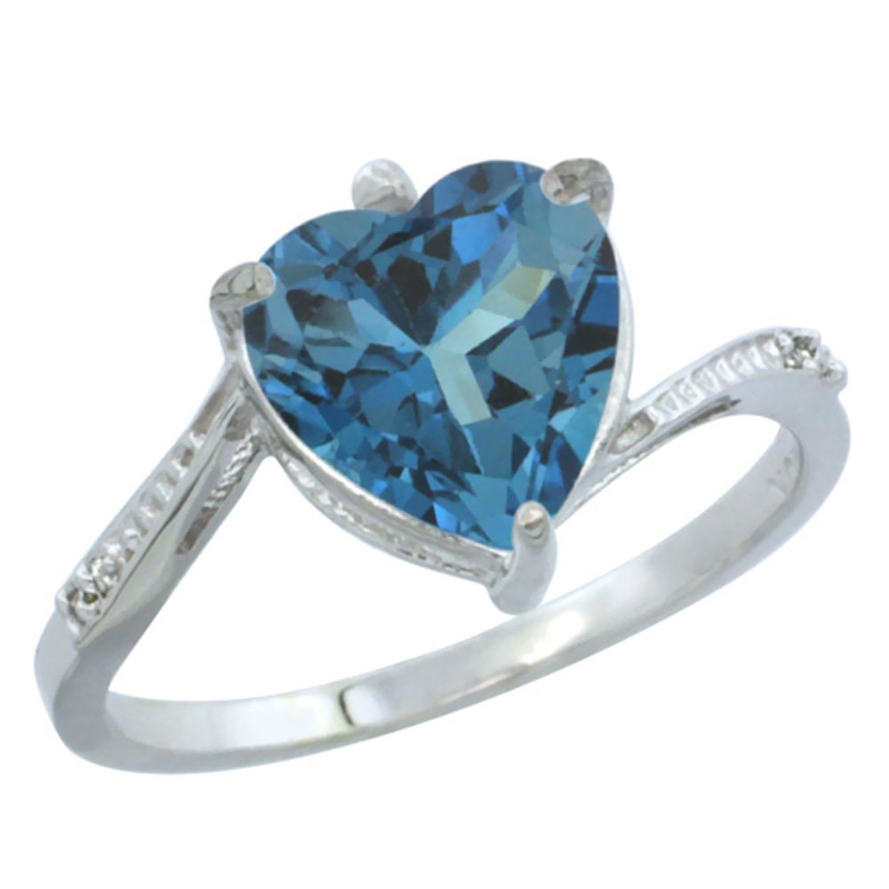 10K White Gold Natural London Blue Topaz Ring Heart 9x9mm Diamond Accent, size 9