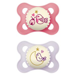 MAM Night Pacifiers (2 Pack, 1 Sterilizing Pacifier Case), MAM Pacifiers 0-6 Months, Best Pacifier for Breastfed Babies, Glow in the Dark Pacifier, Baby Girl Pacifier