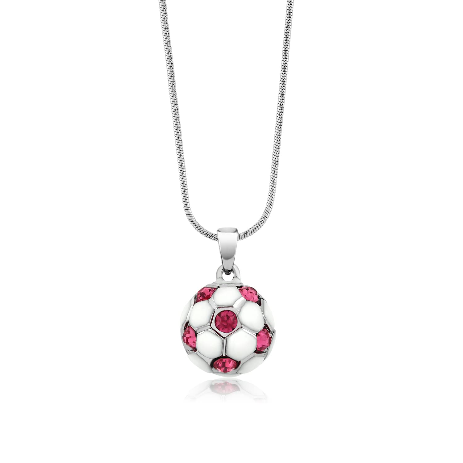 Gem Stone King Stunning White Soccer Ball with Pink Crystals Pendant for Women with 16 Inch Snake Chain