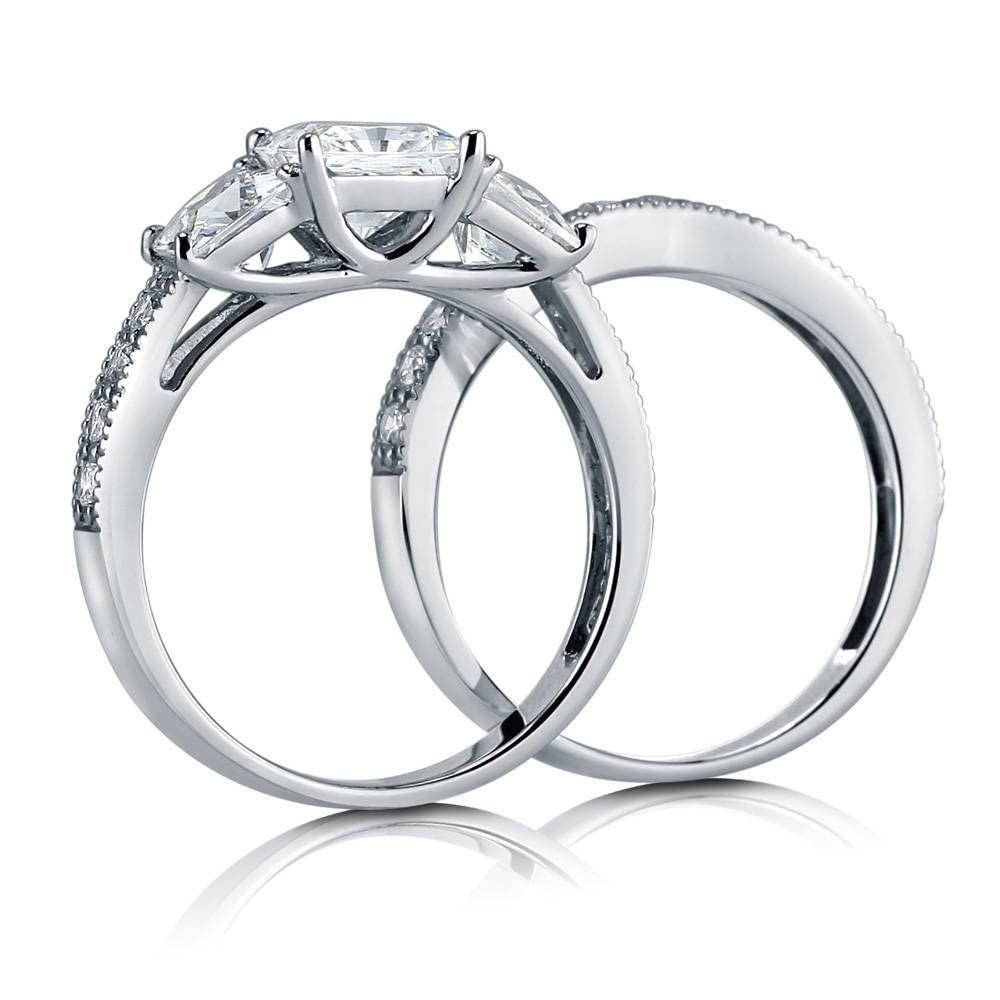 BERRICLE Sterling Silver 3-Stone Wedding Engagement Rings Princess Cut Cubic Zirconia CZ Ring Set for Women, Rhodium Plated Size 7.5