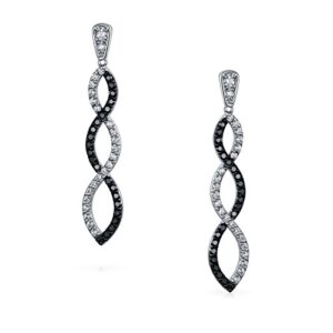 Black White Cubic Zirconia Pave Long Romantic Infinity Twist Drop Earrings For Women Prom Cocktail Party CZ Silver Plated Brass