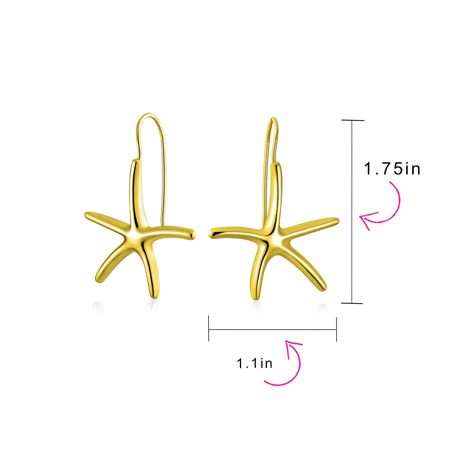 Fashion Nautical Tropical Beach Large Starfish Dangle Drop Threader Earrings For Women Fish Hook Wire 14K Gold Plated