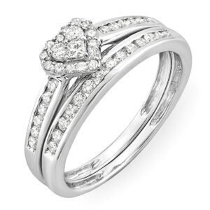 dazzlingrock collection 0.55 carat (cttw) 10k round & princess diamond women heart shaped engagement ring set 1/2 ct, white gold, size 6