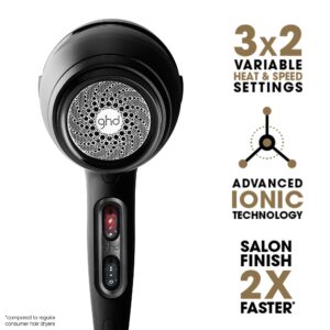 ghd Air Hair Dryer — 1600w Professional Blow Dryer, Salon Strength Motor, Concentrator Nozzle, Adjustable Temperature Setting, and Ionic Technology for Super-Fast Drying — Black