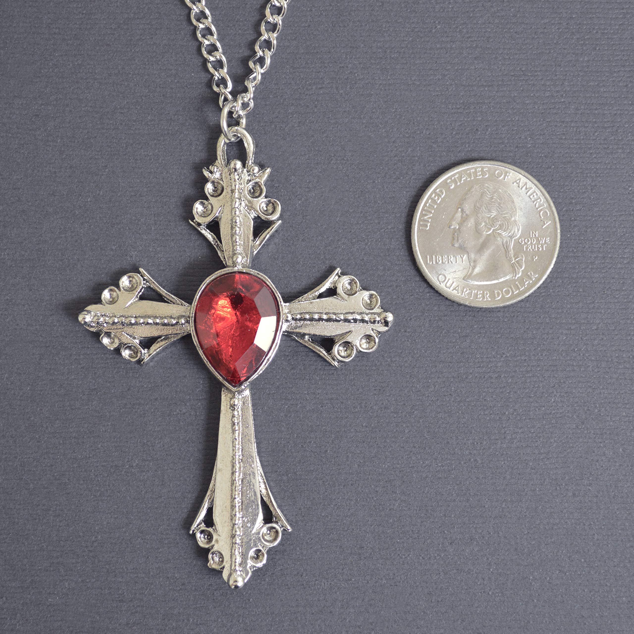 Medieval Renaissance Cross with Red Stone Silver Finish Pendant Necklace