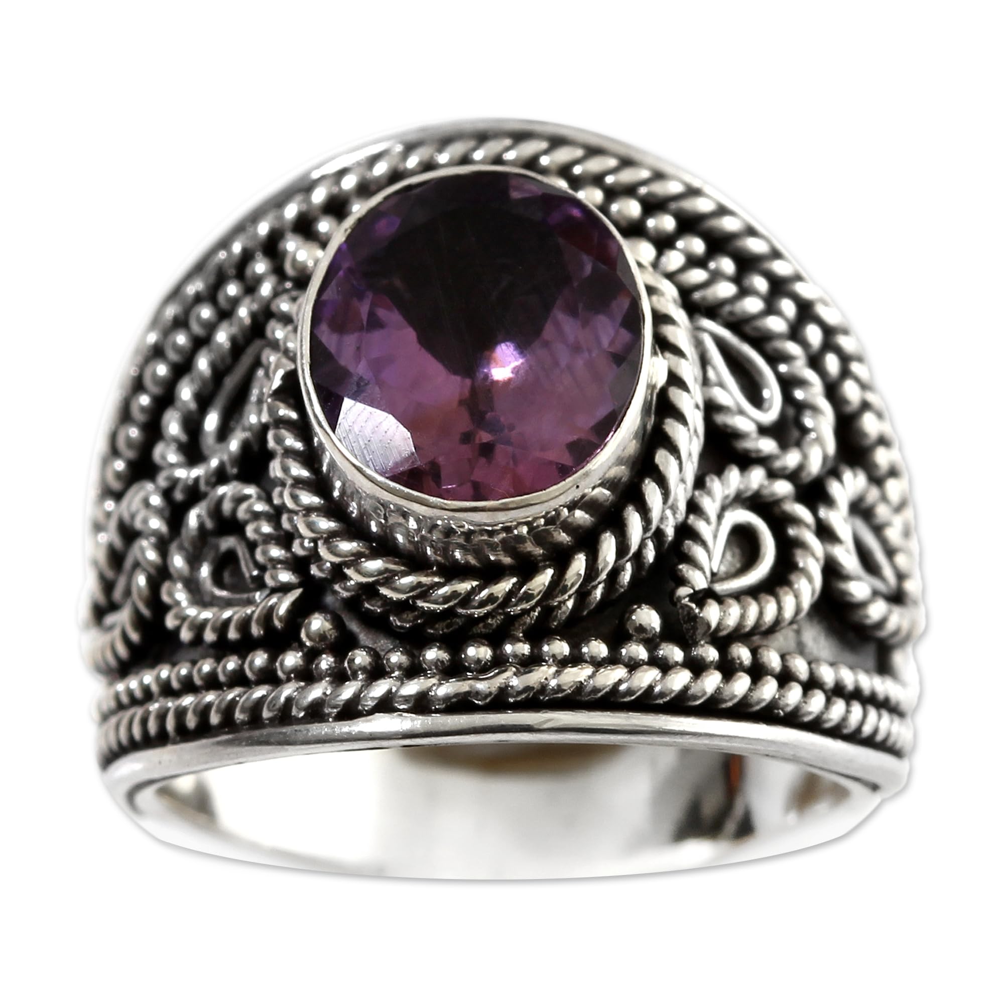 NOVICA Artisan Handmade Amethyst Locket Ring .925 Sterling Silver Purple Single Stone Cocktail Indonesia Bohemian Birthstone [0.4 in H x 0.6 in W x 0.6 in D] 'Secret Flame'