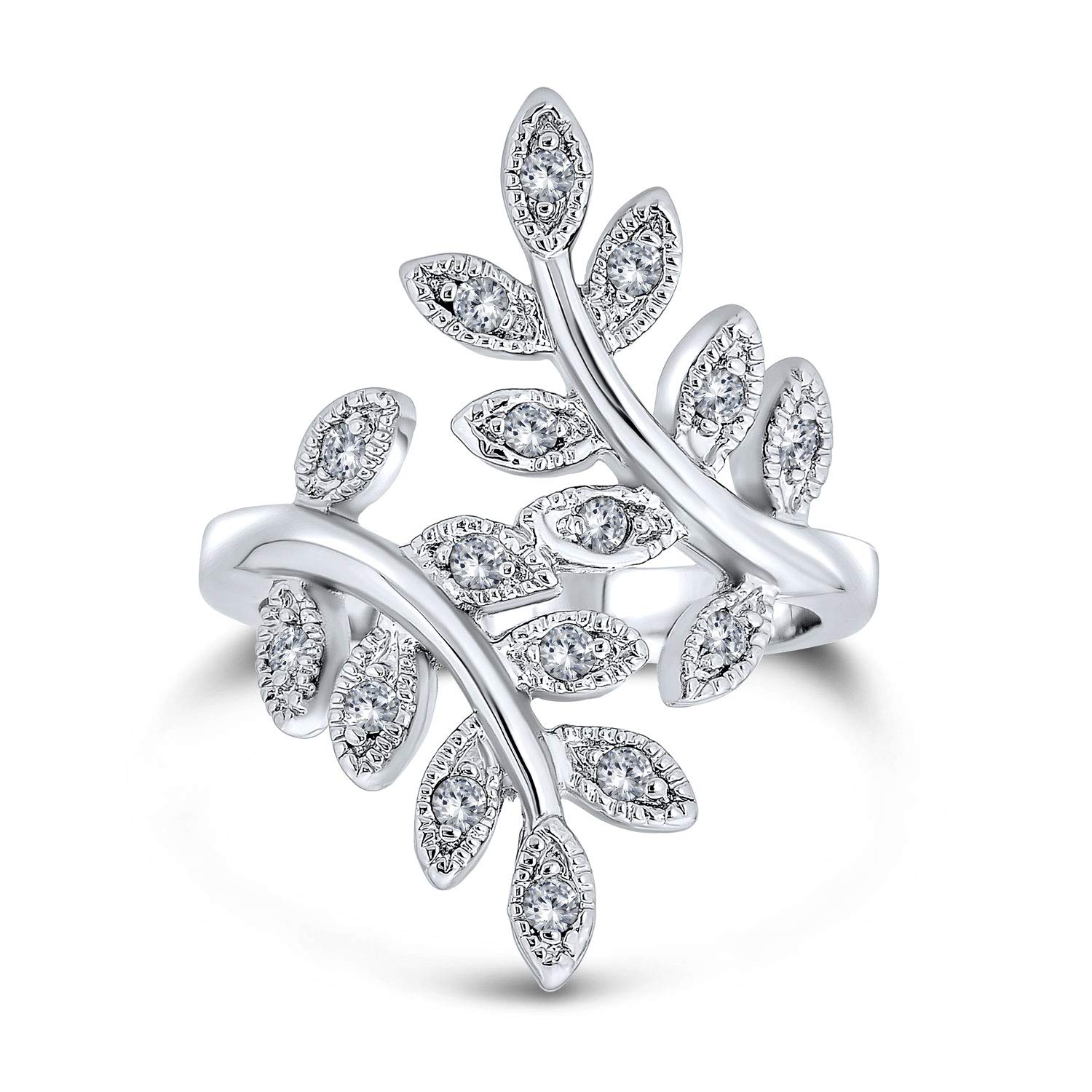 Bling Jewelry Nature Ivy Vine Leaf Fashion Statement Ring For Women Cubic Zirconia Pave CZ Bypass Silver Plated Brass