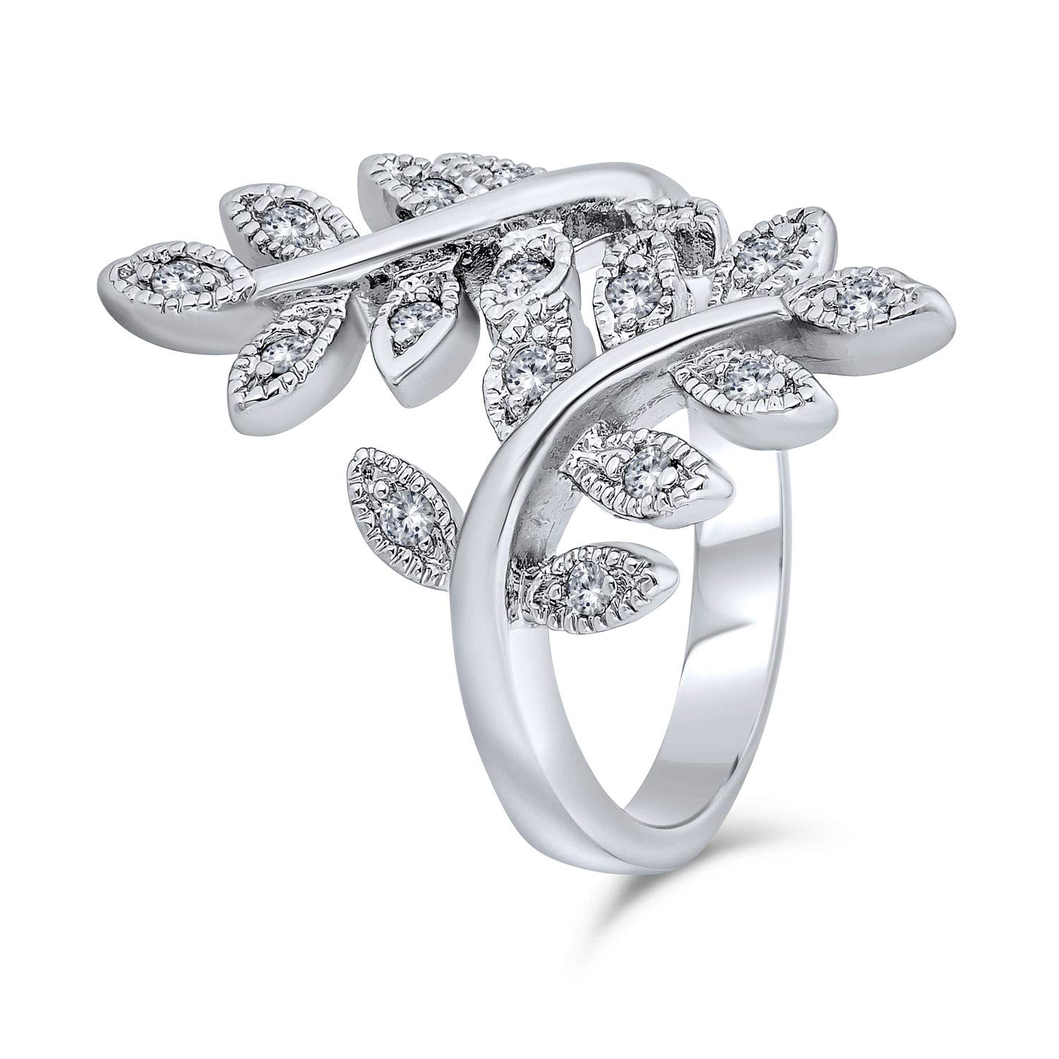 Bling Jewelry Nature Ivy Vine Leaf Fashion Statement Ring For Women Cubic Zirconia Pave CZ Bypass Silver Plated Brass