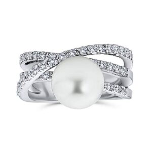 Bling Jewelry CZ Criss Cross Simulated Pearl Cocktail Ring Rhodium Plated,Size:7