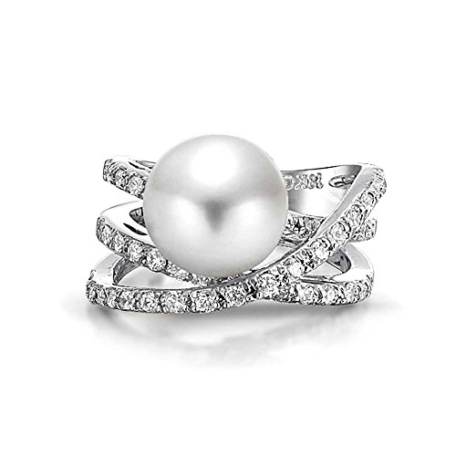 Bling Jewelry CZ Criss Cross Simulated Pearl Cocktail Ring Rhodium Plated,Size:7