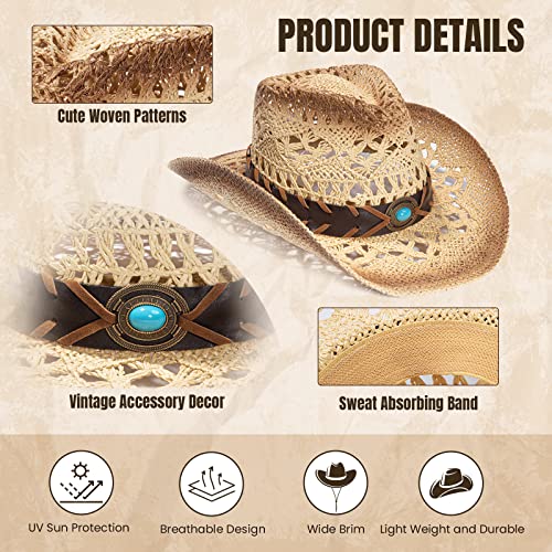 Men's & Women's Western Style Cowboy / Cowgirl Straw Hat with Bull Big Bead Band - Beige