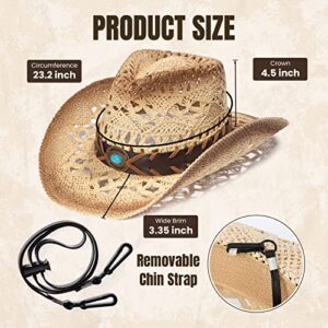 Men's & Women's Western Style Cowboy / Cowgirl Straw Hat with Bull Big Bead Band - Beige