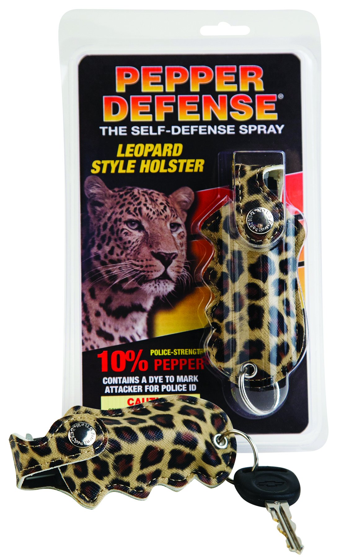 Pepper Defense 1/2 oz. Pepper Spray with Grip Holster and Keychain Attachment - Safety Twist Lock Glow Trigger - Maximum Strength 10% OC Formula - Self Defense Personal Protection (Leopard 1-Pack)