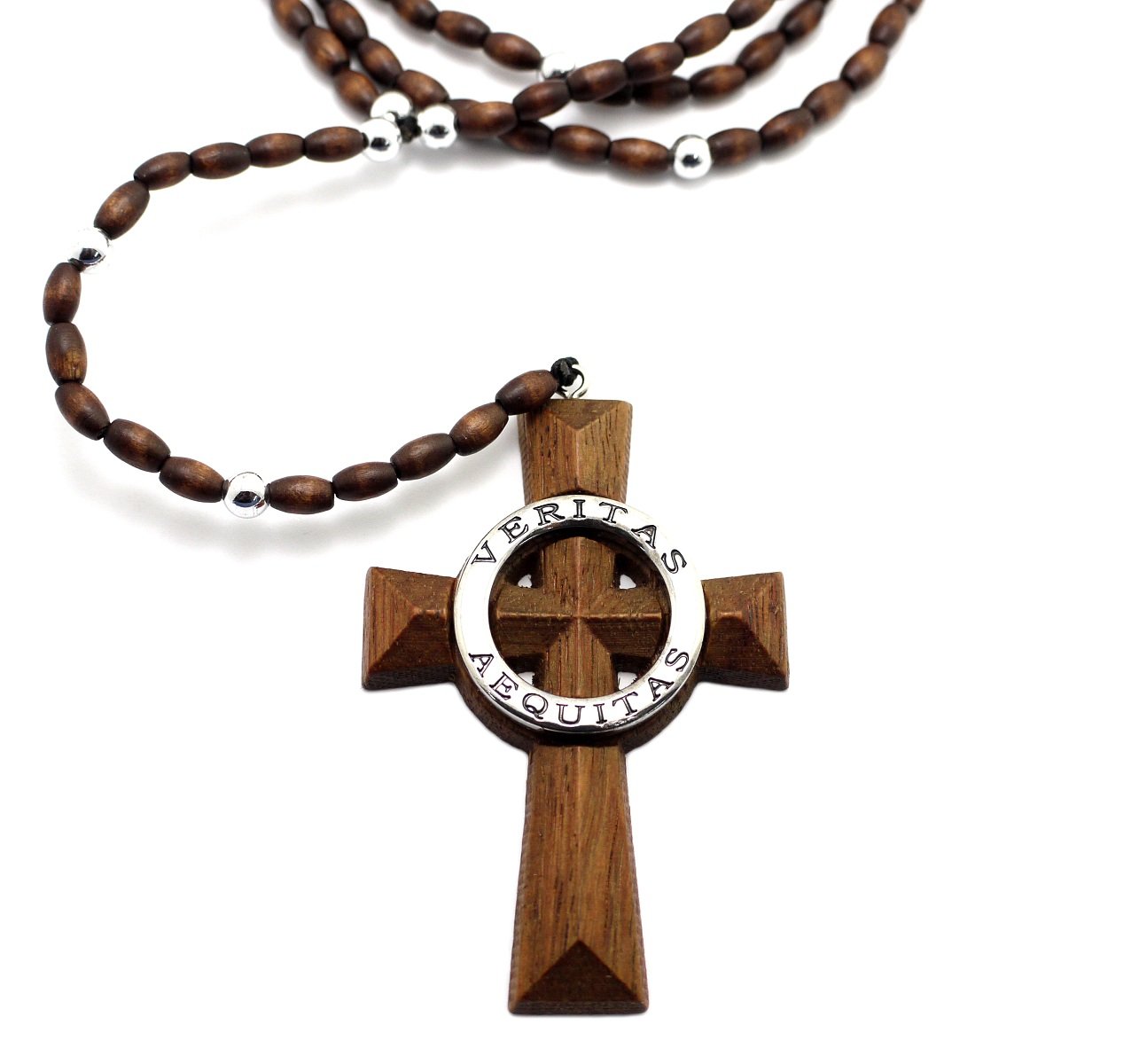 Saints Cross Wooden Rosary 5mm&39"wooden Ball Chain Necklace Brown Silver (XJ199BRNR)