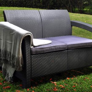 Keter Corfu Resin Wicker Loveseat with Outdoor Cushions – Patio Furniture Perfect for Front Porch Décor and Poolside Seating, Grey