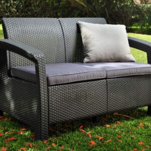 Keter Corfu Resin Wicker Loveseat with Outdoor Cushions – Patio Furniture Perfect for Front Porch Décor and Poolside Seating, Grey