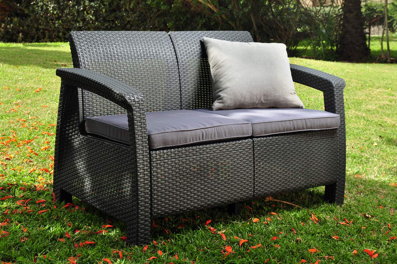 Keter Corfu Resin Wicker Loveseat with Outdoor Cushions – Patio Furniture Perfect for Front Porch Décor and Poolside Seating, Grey