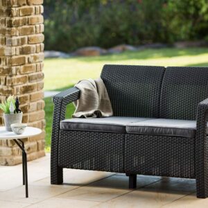 Keter Corfu Resin Wicker Loveseat with Outdoor Cushions – Patio Furniture Perfect for Front Porch Décor and Poolside Seating, Grey