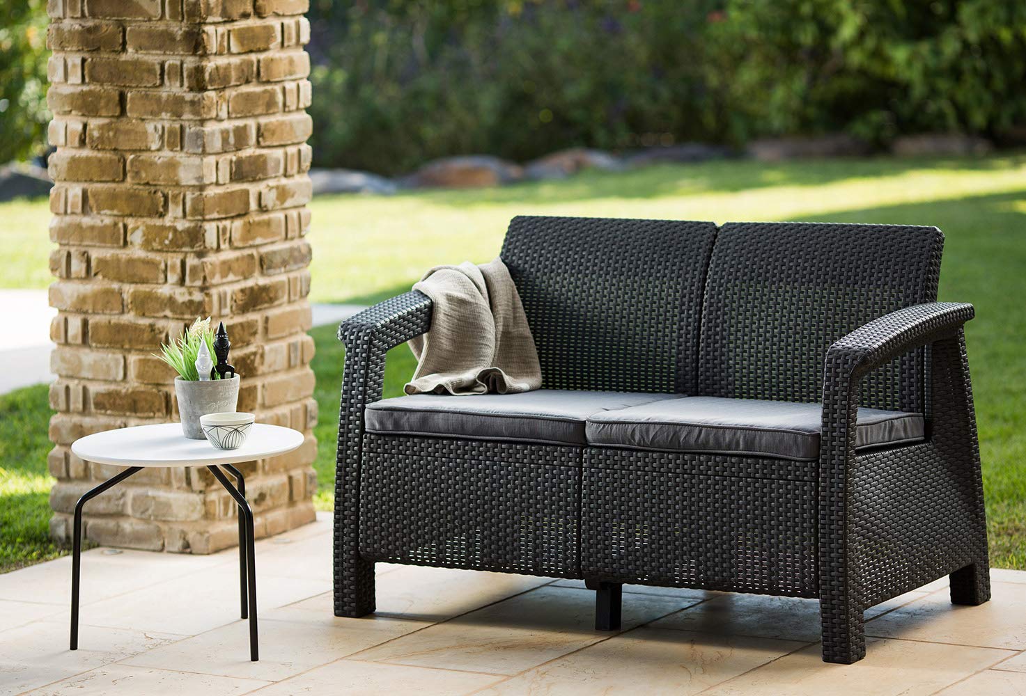 Keter Corfu Resin Wicker Loveseat with Outdoor Cushions – Patio Furniture Perfect for Front Porch Décor and Poolside Seating, Grey