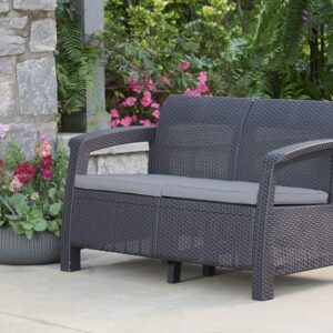 Keter Corfu Resin Wicker Loveseat with Outdoor Cushions – Patio Furniture Perfect for Front Porch Décor and Poolside Seating, Grey