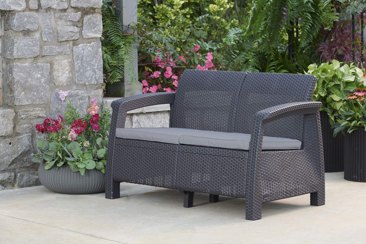 Keter Corfu Resin Wicker Loveseat with Outdoor Cushions – Patio Furniture Perfect for Front Porch Décor and Poolside Seating, Grey