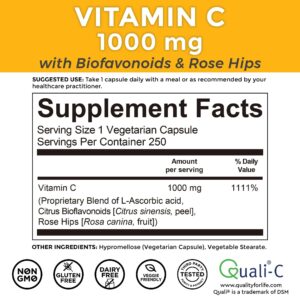 Viva Naturals Vitamin C 1000mg - Non-GMO Vitamin C Supplements with Citrus Bioflavonoids & Rose HIPS for Immune Support & Antioxidant Protection, 250 Vegetarian Capsules