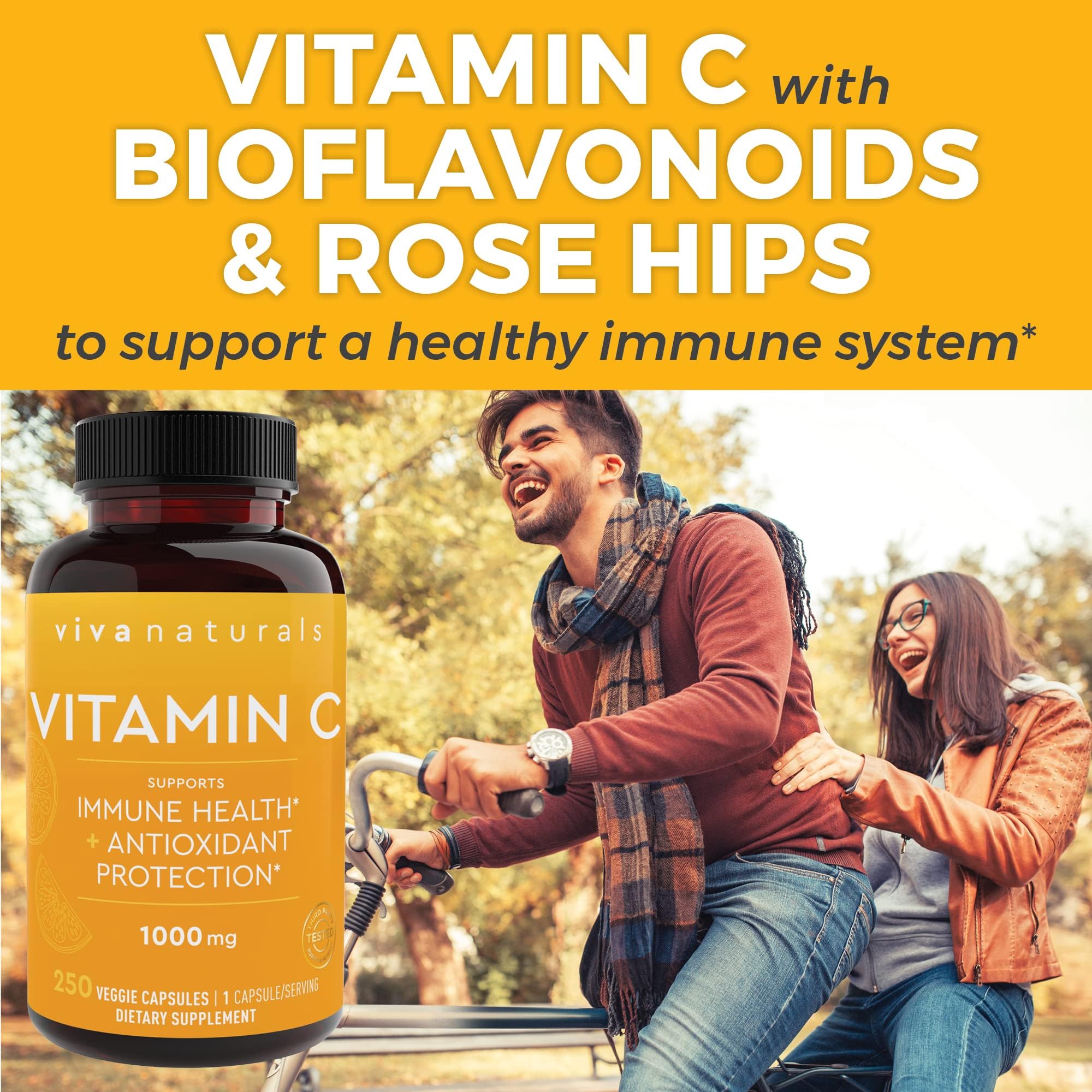 Viva Naturals Vitamin C 1000mg - Non-GMO Vitamin C Supplements with Citrus Bioflavonoids & Rose HIPS for Immune Support & Antioxidant Protection, 250 Vegetarian Capsules