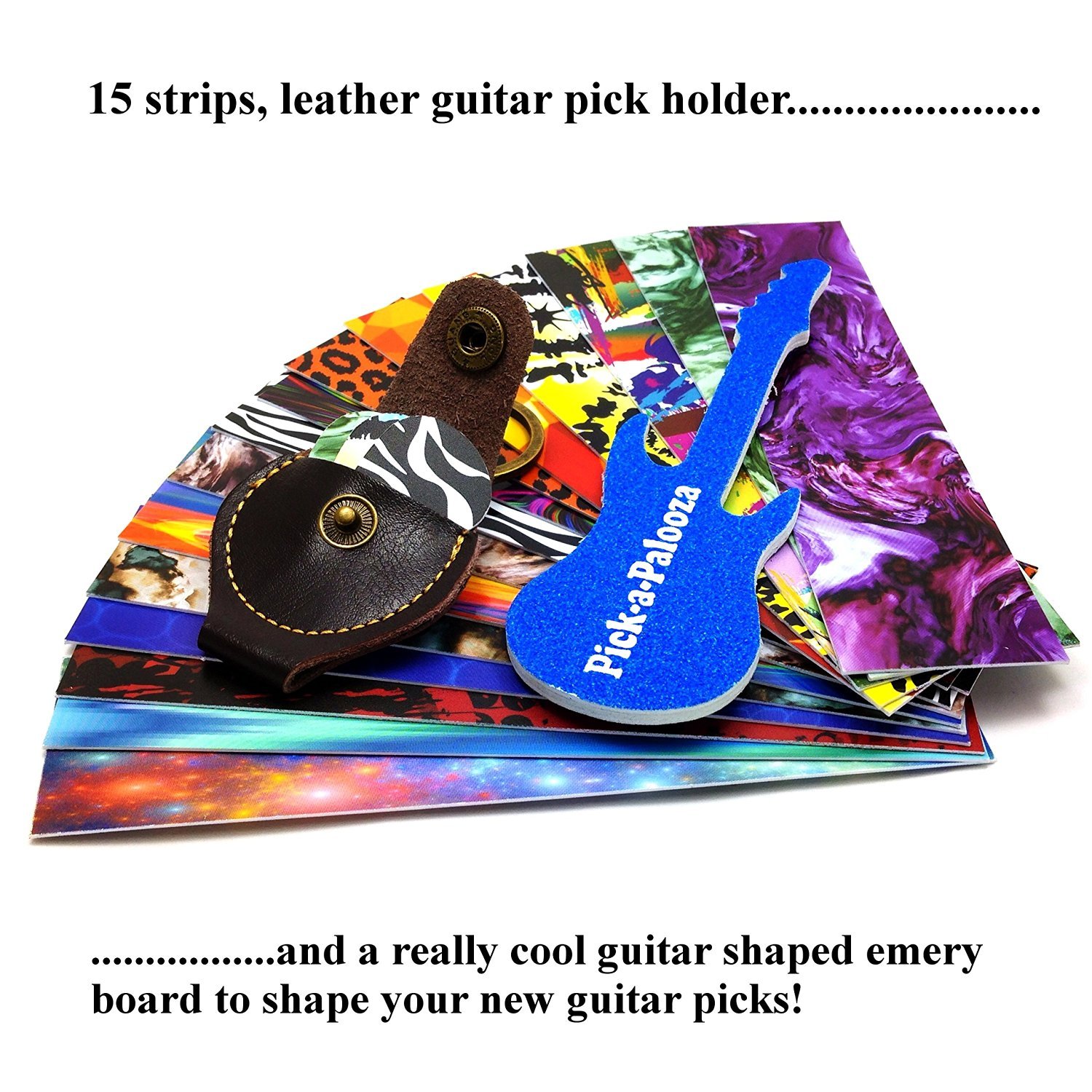 Pick-a-Palooza DIY Guitar Pick Punch Mega Gift Pack - the Premium Guitar Pick Maker - Includes Leather Key Chain Pick Holder, 15 Pick Strips and a Pick File - Blue