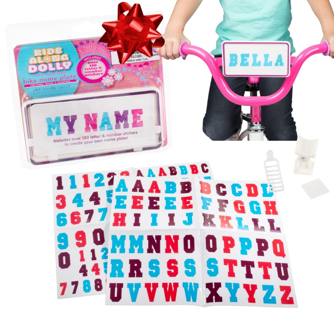 Ride Along Dolly Kid's Bicycle Customizable License Plate -Make Your Own Bike Name Plate -includes Over 150 Letter and Cute Number Stickers Decals, Fits Most Bikes -Holiday for Girls