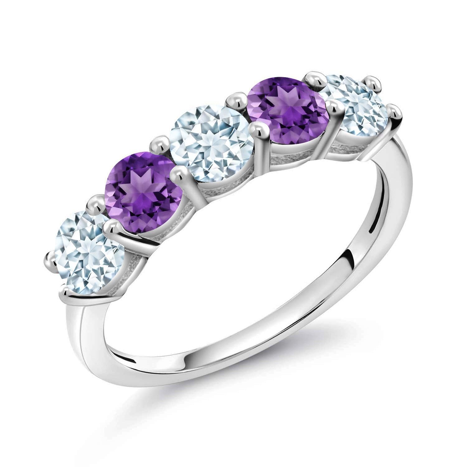 Gem Stone King 925 Sterling Silver Sky Blue Aquamarine and Purple Amethyst Wedding Band Ring For Women (0.96 Cttw, Round 3.5MM, Gemstone March Birthstone, Available In Size 5, 6, 7, 8, 9)