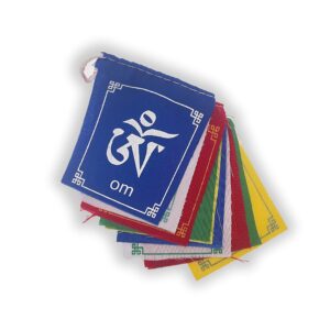 Buddha of Compassion Tibetan Prayer Flags Om Mani Padme Hum Set of 10 Five Tibetan Traditional Colors which are Yellow, Green, red, White and Blue. Each Color Represents an Element.