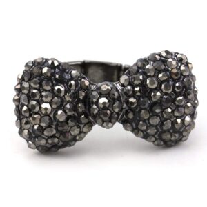 Gray Rhinestone Ribbon Bowtie Party Cocktail Ring Adjustable Stretch Band Valentine's Day Jewelry