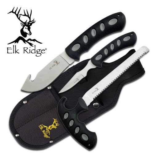 Elk Ridge - Outdoors 3-PC Hunting Knife Set - Satin Finish Stainless Steel Blades, Black Nylon Fiber Handles, Includes Combo Sheath - Hunting, Camping, Survival - ER-252