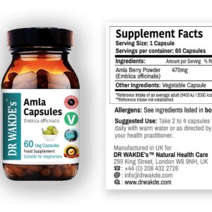 DR WAKDE'S Amla Capsules (Amalaki, Indian Gooseberry, Emblica officinalis, 60 Veg Caps, Plant-Based Supplement, Ayurvedic Herb, All Natural, Vegan)