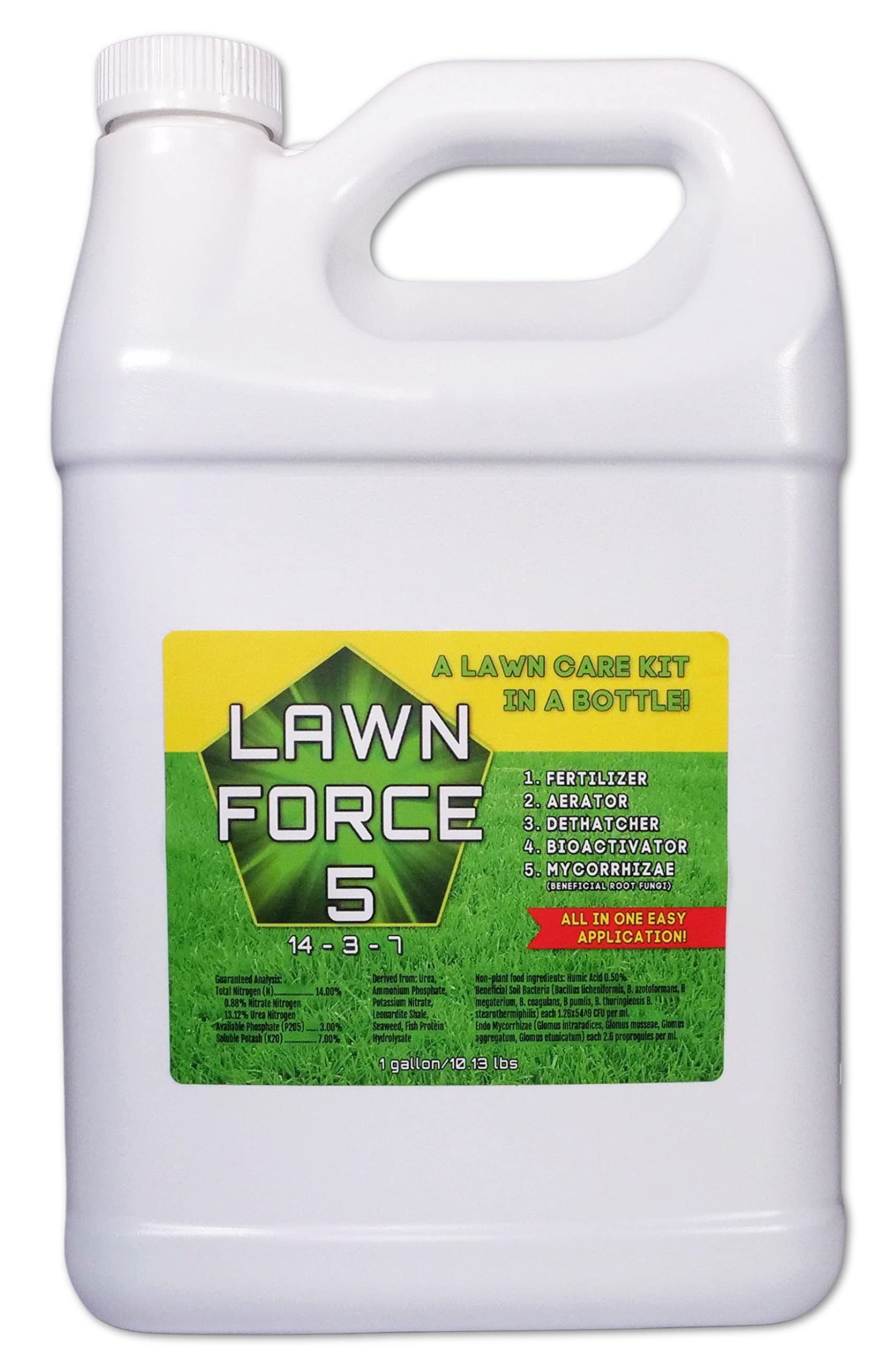 5-in-1 Natural Liquid Lawn Fertilizer Aerator Dethatcher Humic Acid Kelp Mycorrhizae – Lawn Force 5 – Nature’s Lawn & Garden - 1 Gal