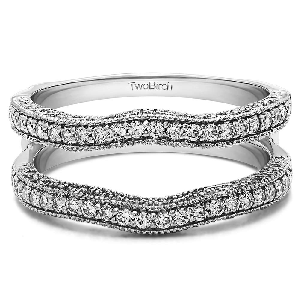 TwoBirch Sterling Silver Contour Ring Guard with Millgrained Edges and Filigree Cut Out Design With CZ or MOISSANITE (0.48 ct.) (Cubic Zirconia, 7)