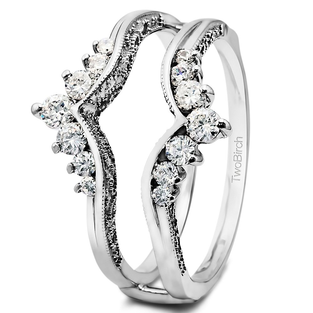 TwoBirch Sterling Silver Chevron Vintage Ring Guard with Millgrained Edges and Filigree Cut Out Design With Cubic Zirconia (0.74 ct., Size 9)